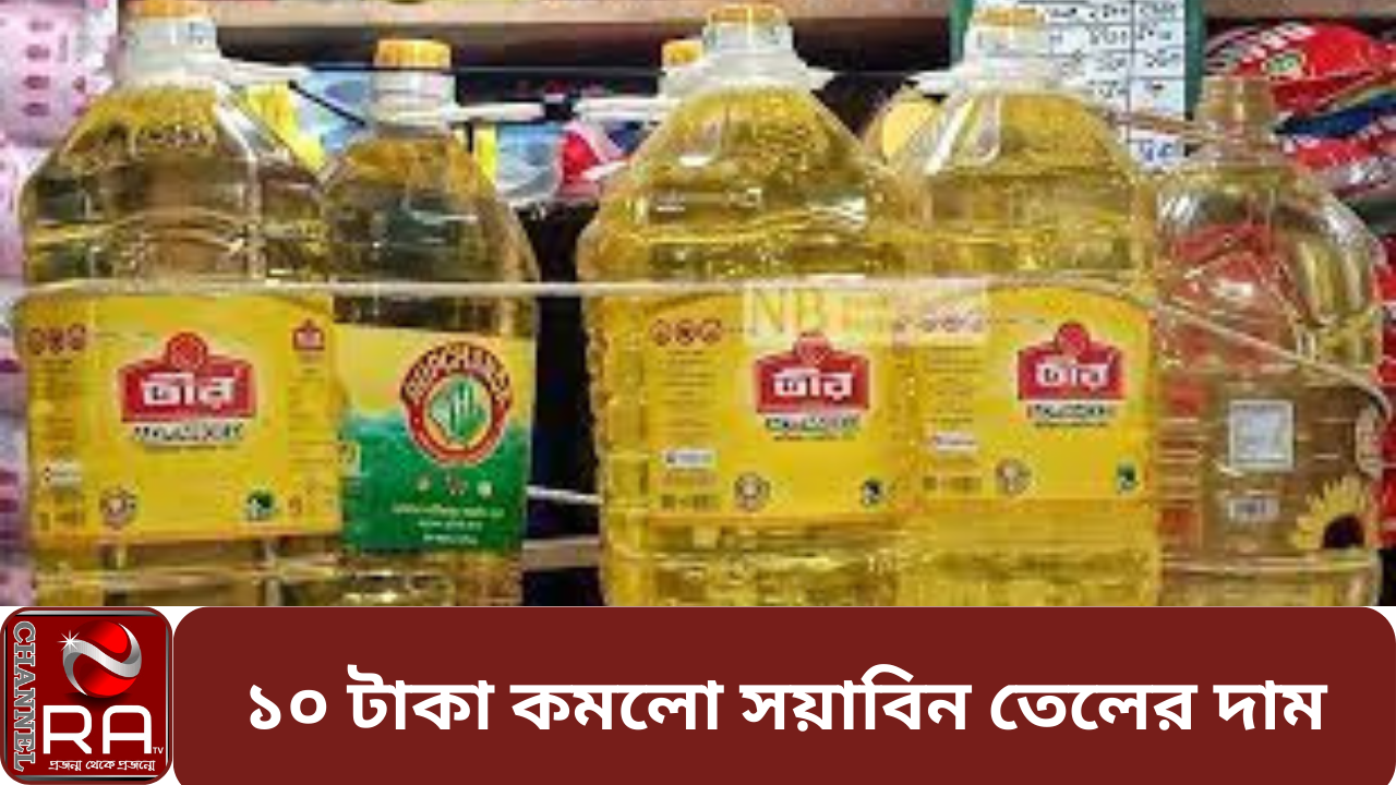 ১০ টাকা কমলো সয়াবিন তেলের দাম নিজস্ব প্রতিবেদন প্যাকেটজাত সয়াবিন তেল প্রতি লিটারে ১০ টাকা কমিয়ে ১৮৯ টাকা করা হয়েছে। খোলা তেলের লিটারের দাম কমিয়ে ১৬৭ টাকা করা হয়েছে। পাম তেলের দাম ২ টাকা কমিয়ে ১৩৩ টাকা করা হয়েছে। আজ রবিবার (১১ জুন) সচিবালয়ে বাণিজ্য মন্ত্রণালয়ের সিনিয়র সচিব তপন কান্তি ঘোষ এ তথ্য জানান। চ্যানেল আর এ নিউজ ডেস্ক